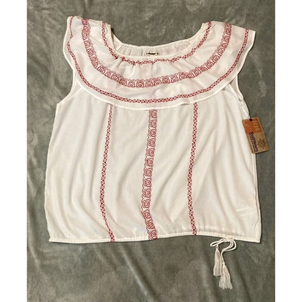 Ruff Hewn White Red Cuban Traveler Sleeveless Peasant Top 2X Women’s Ruffle Neck